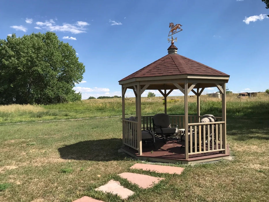 Gazebo-In-A-Box with couches & weathervane on top