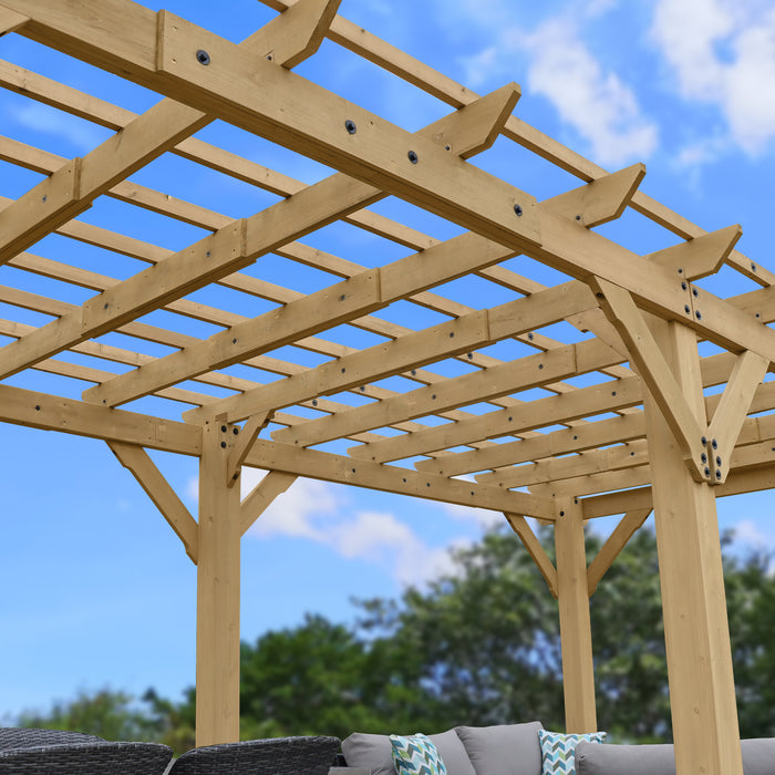 Close-up of the corner post and roof details of the YM11932 10x22 Cedar Pergola.