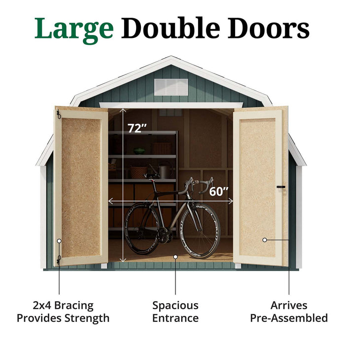 10x Classic Gambrel Barn Shed showing reinforced 2x4 braced double doors with 60-inch wide entry and pre-assembled construction for simple setup and strong access.