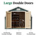 10x Classic Gambrel Barn Shed showing reinforced 2x4 braced double doors with 60-inch wide entry and pre-assembled construction for simple setup and strong access.