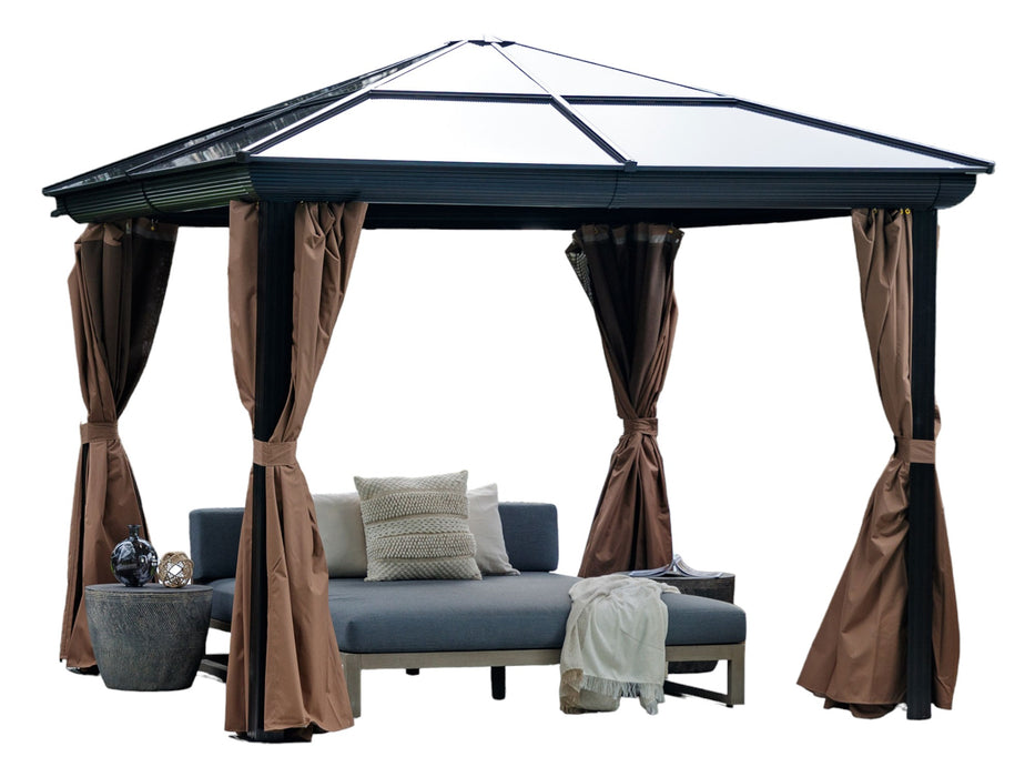 A full setup of the 10x10 Venus Gazebo, showcasing the polycarbonate roof, privacy curtains drawn open, and outdoor furniture inside.