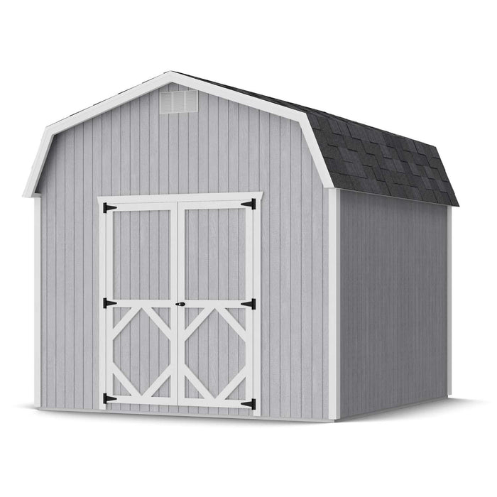 10x10 gray Little Cottage Co. Classic Gambrel barn shed with white trim and black shingle roof, ideal for storing lawn tools and outdoor gear.