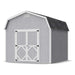 10x10 gray Little Cottage Co. Classic Gambrel barn shed with white trim and black shingle roof, ideal for storing lawn tools and outdoor gear.