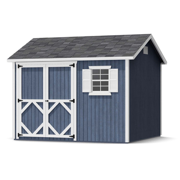 10x10 Classic Workshop Shed in blue with white double barn doors and shutters, featuring asphalt shingle roof and clean symmetrical front design.