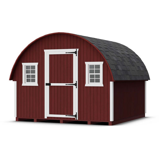 Front view of the Little Cottage Co. 10x10 Round Roof Chicken Coop in red with white trim and black shingles, featuring two windows and a centered door.