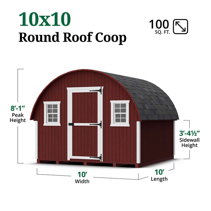 Dimensions chart of the 10x10 Little Cottage Co. Round Roof Coop showing 8′-1″ peak height, 3′-4½″ sidewall height, and 100 sq. ft. floor area.