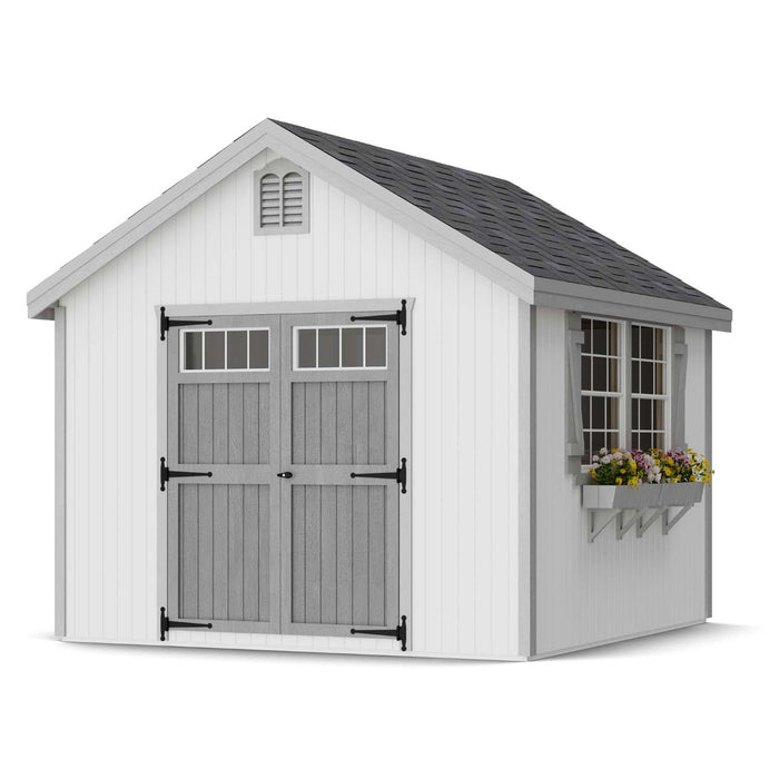 10x10 Little Cottage Co. Colonial Williamsburg shed with white siding, gray double doors, vented gable, and decorative flower box under gray shingles.