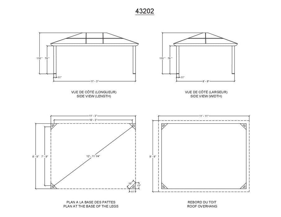 A technical drawing of the 10x12 Venus Gazebo displaying the side view, plan at the base of the legs, and roof overhang with measurements in feet and inches.