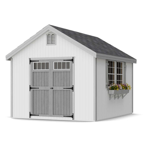 10x12 Colonial Williamsburg shed featuring paneled double doors, gray roof, and large window box for plants—ideal compact storage by Little Cottage Co.