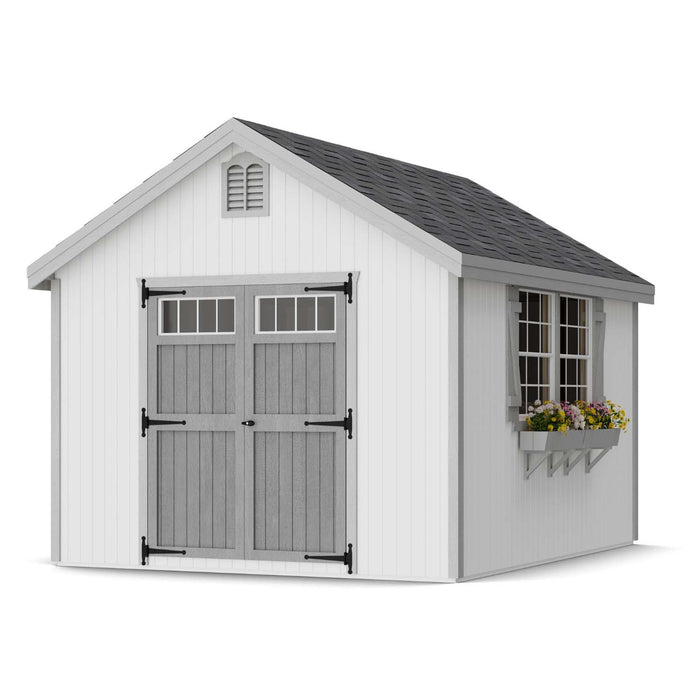 10x12 Colonial Williamsburg shed featuring paneled double doors, gray roof, and large window box for plants—ideal compact storage by Little Cottage Co.