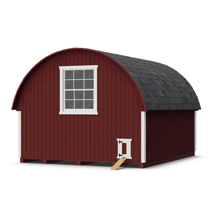 Rear view of the Little Cottage Co. 10x12 Round Roof Chicken Coop in red with a large window, black shingled roof, and small ramped chicken door.