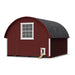 Rear view of the Little Cottage Co. 10x12 Round Roof Chicken Coop in red with a large window, black shingled roof, and small ramped chicken door.