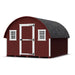 Little Cottage Co. 10x12 Round Roof Coop in barn-red with white trim and black shingles, showcasing classic arched design and double front windows.