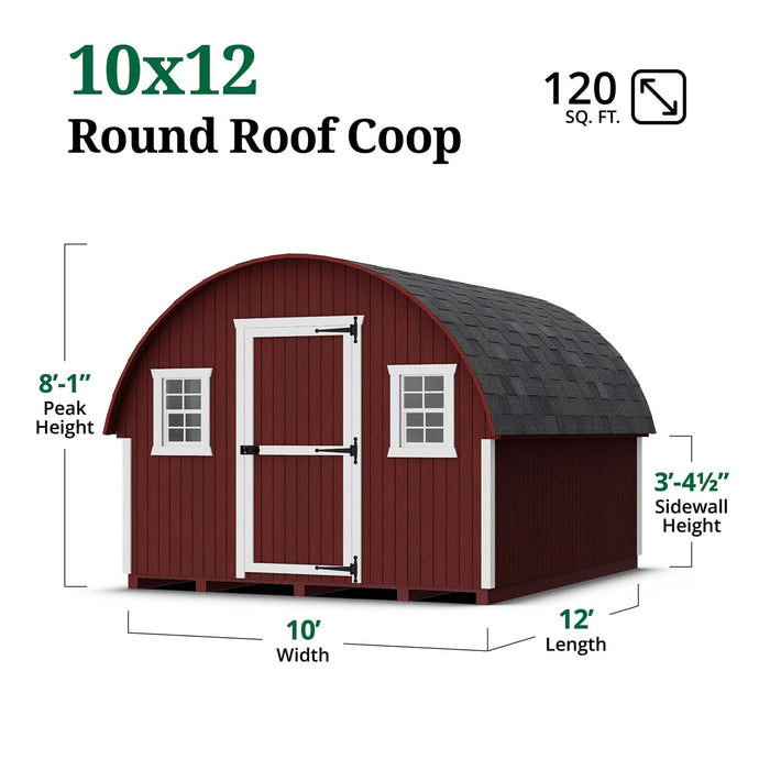 Size specifications of the 10x12 Little Cottage Co. Round Roof Coop displaying 8′-1″ peak height, 3′-4½″ sidewalls, and 120 sq. ft. space.