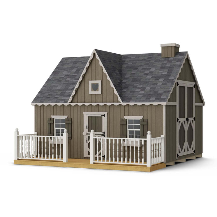 10x12 Victorian Playhouse by Little Cottage Co. in warm brown tones, featuring heart gable window, white rail deck, and detailed trim with charming architecture.