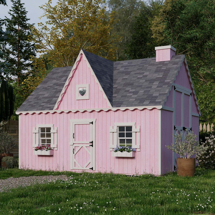 Charming 10x12 Victorian Playhouse by Little Cottage Co. painted pink with white trim, scalloped roof edges, and window flower boxes in a lush green backyard.