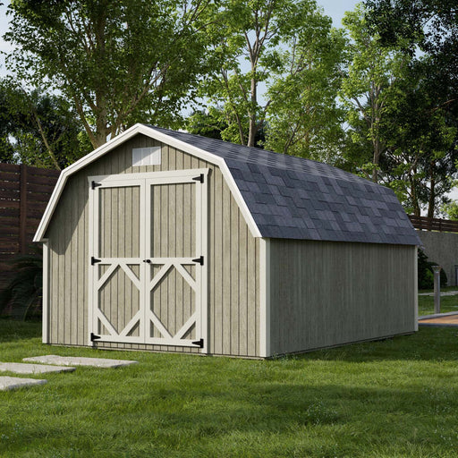 10x14 Classic Gambrel Barn Shed by Little Cottage Co. shown in a landscaped backyard, featuring SmartSide® siding, 4-foot sidewalls, and barn-style double doors.