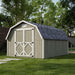 10x14 Classic Gambrel Barn Shed by Little Cottage Co. shown in a landscaped backyard, featuring SmartSide® siding, 4-foot sidewalls, and barn-style double doors.
