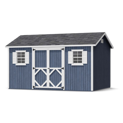 10x14 Classic Workshop Shed featuring blue panel siding, white trim, two windows with shutters, and double doors under a pitched roof.