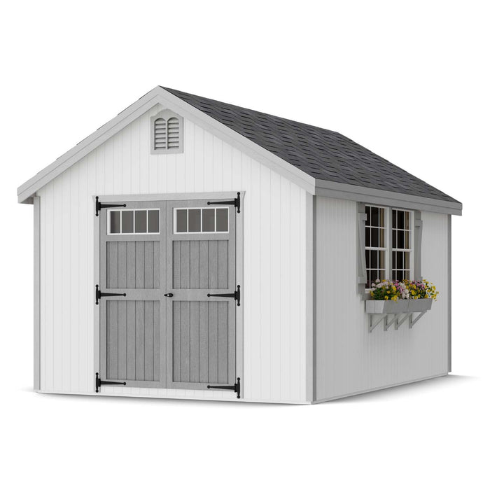 10x14 white Colonial Williamsburg shed with gray door trim and shingled roof, showing window shutters and box for garden flowers.