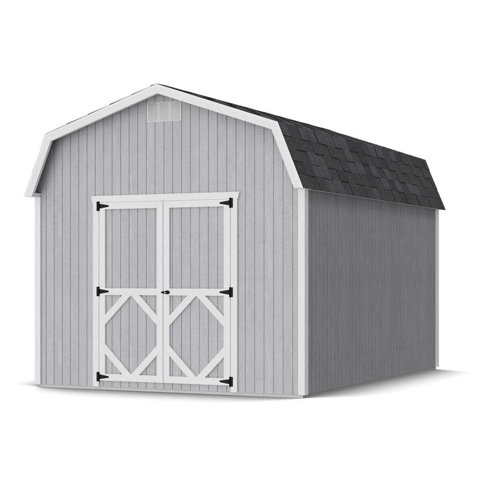 Stylish 10x14 gray Classic Gambrel barn by Little Cottage Co. with white trim and durable black shingles, built for garden tools or hobby workspace.