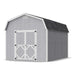Stylish 10x14 gray Classic Gambrel barn by Little Cottage Co. with white trim and durable black shingles, built for garden tools or hobby workspace.
