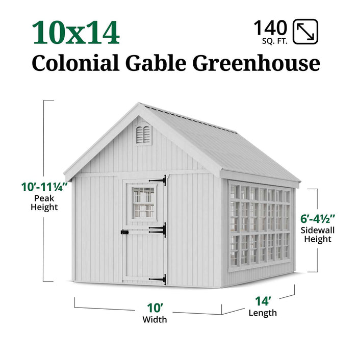 10x14 Colonial Gable Greenhouse by Little Cottage Co., highlighting peak height, sidewall height, width, and length.
