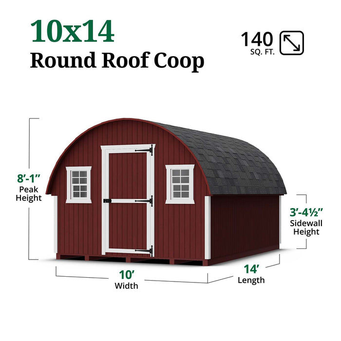 Detailed diagram of the 10x14 Little Cottage Co. Round Roof Coop with labeled dimensions, 8′-1″ peak height, and 140 sq. ft. total area.