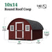 Detailed diagram of the 10x14 Little Cottage Co. Round Roof Coop with labeled dimensions, 8′-1″ peak height, and 140 sq. ft. total area.