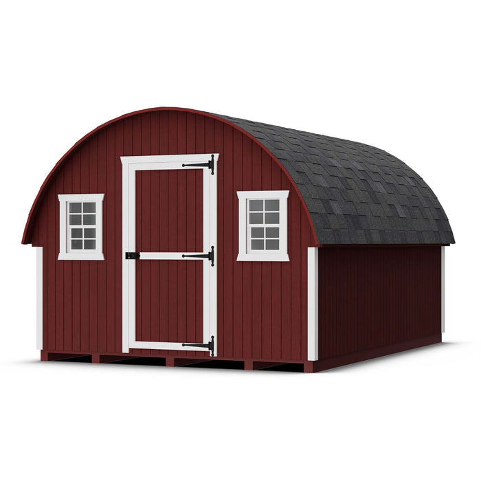 Front perspective of the 10x14 Little Cottage Co. Round Roof Chicken Coop in red with white framed windows and black roof shingles.