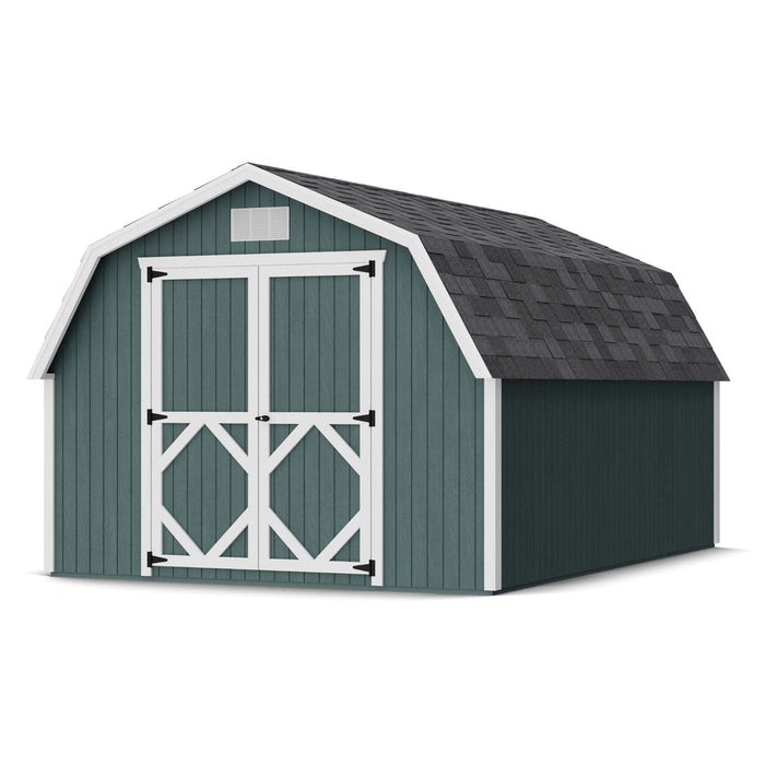 10x14 wooden Gambrel Barn Shed Kit from Little Cottage Co. featuring a high barn roof, 4-foot sidewalls, SmartSide® siding, and pre-cut panels for easy setup.