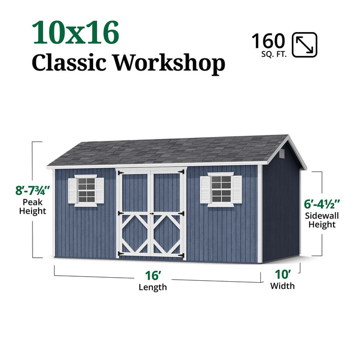 Diagram of 10x16 Classic Workshop Shed by Little Cottage Co. showing dimensions—8′7¾″ peak height, 6′4½″ sidewall height, 16′ length, and 10′ width.
