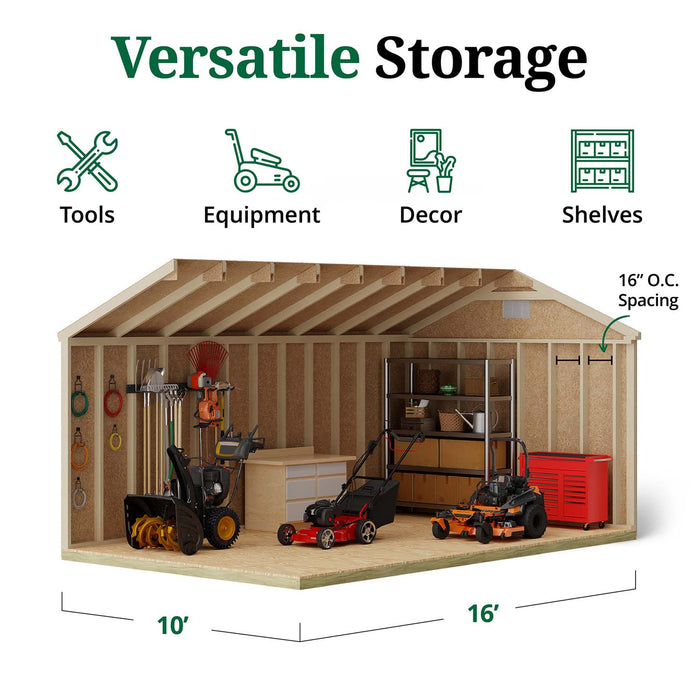 Interior view of 10x16 Classic Workshop Shed showing open framing with 16″ O.C. spacing, lawn equipment, shelves, red tool chest, and organized storage setup.