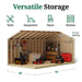 Interior view of 10x16 Classic Workshop Shed showing open framing with 16″ O.C. spacing, lawn equipment, shelves, red tool chest, and organized storage setup.