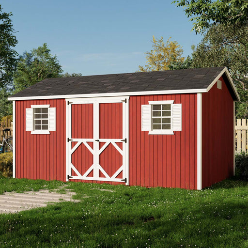 10x16 red Classic Workshop Shed by Little Cottage Co. featuring white trim, barn-style double doors, and two shuttered windows, perfect for backyard storage or a workspace.