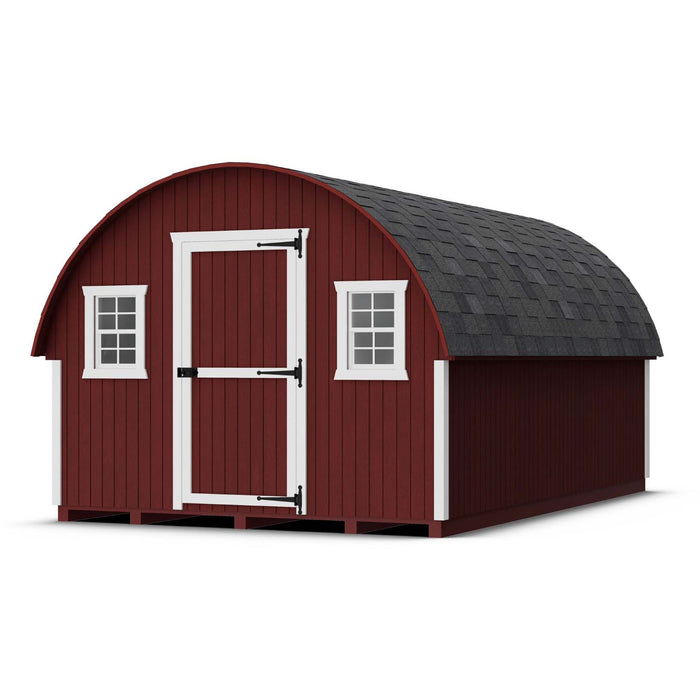 Large 10x16 Little Cottage Co. Round Roof Chicken Coop in barn-red color with white trim, featuring two front windows and durable black roof shingles.