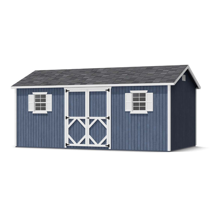 10x18 Classic Workshop Shed in blue with white trim, featuring two front windows and centered barn-style double doors with black hardware.