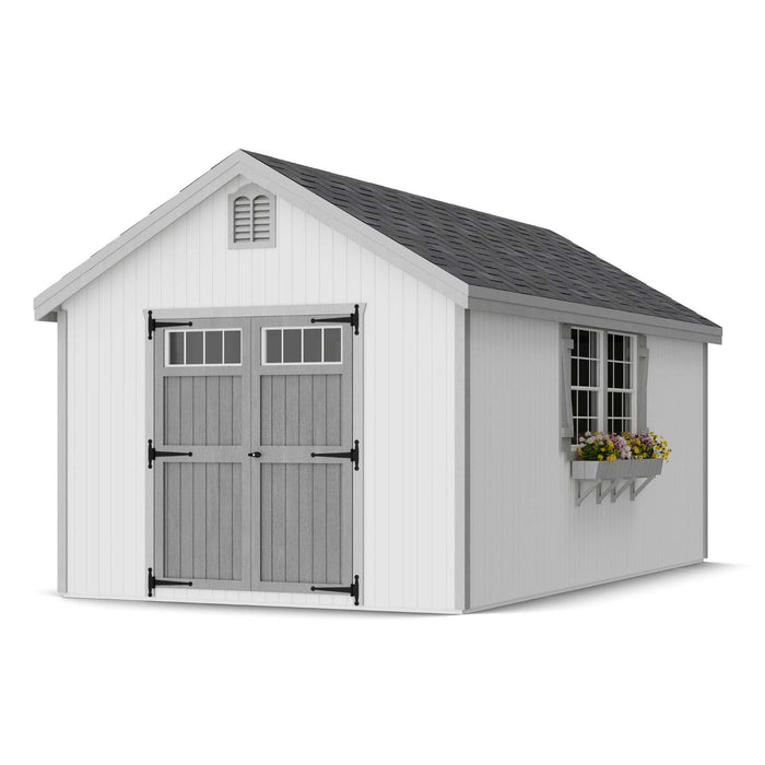 10x18 Colonial Williamsburg-style shed in white with gray roof and wide double doors, featuring window shutters and flower box for classic appeal.