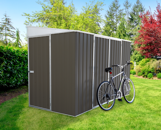 The Absco Lean To 10' x 5' Steel Shed in Woodland Gray with bicycle placed in a backyard.