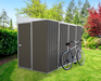 The Absco Lean To 10' x 5' Steel Shed in Woodland Gray with bicycle placed in a backyard.