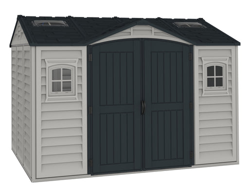 A light gray Duramax Apex 10.5x8 storage shed with a dark gray roof, two skylights, and two windows. 