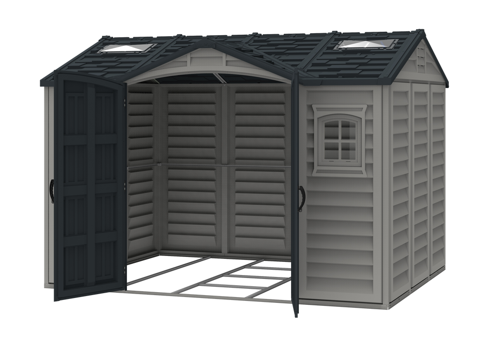 A gray Apex Pro 10.5x 8 garden shed with double doors open, revealing a spacious interior and a window on the side. The shed has a black roof with two skylights.