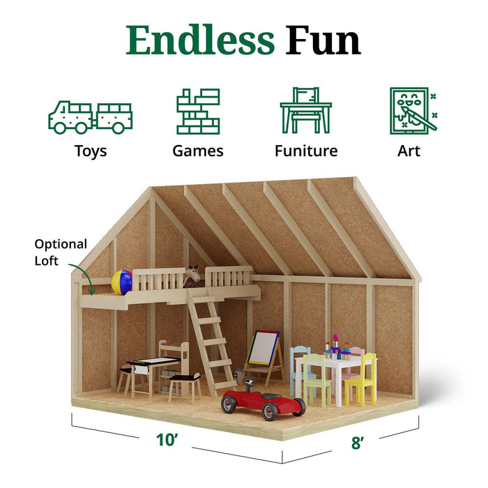 Interior cutaway of 10x8 Pennfield Cottage Playhouse featuring optional loft with toys, ladder, and art area for kids’ imaginative play and learning activities.