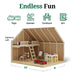 Interior cutaway of 10x8 Pennfield Cottage Playhouse featuring optional loft with toys, ladder, and art area for kids’ imaginative play and learning activities.