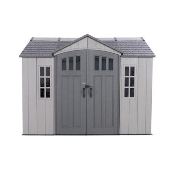 Studio product shot of the Lifetime 10x8 ft. side entry storage shed, straight-on front view, closed doors.