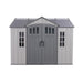 Studio product shot of the Lifetime 10x8 ft. side entry storage shed, straight-on front view, closed doors.