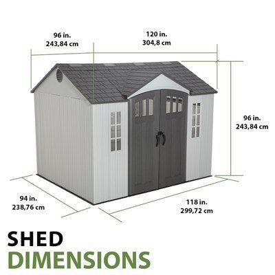 Lifetime 10x8 ft. storage shed exterior dimensions diagram showing width, depth, and height measurements.
