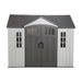 Studio product shot of the Lifetime 10x8 ft. storage shed, front view, closed doors, white background.