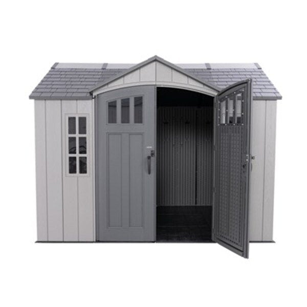 Studio shot of the Lifetime 10x8 ft. storage shed with the door open, showing the interior.