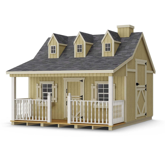 Little Cottage Co. 11x10 Pennfield Cottage Playhouse in soft yellow featuring three dormer windows, Dutch door, white rail porch, and barn-style side door.